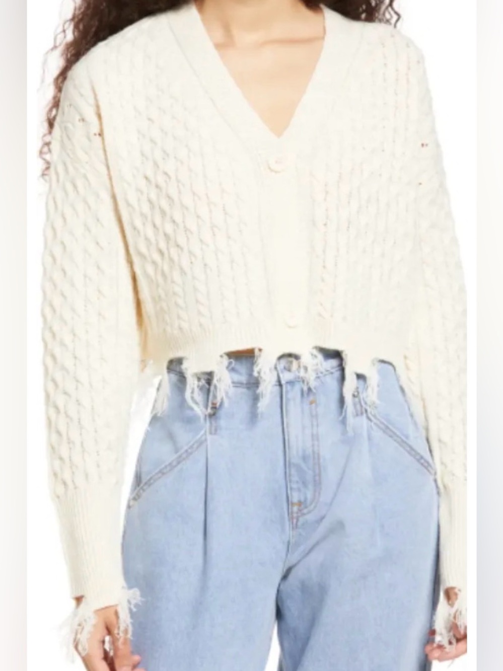 Vigoss Ivory Cream Cropped Cable-Knit Cardigan Chunky Fisherman XL Deconstructed
